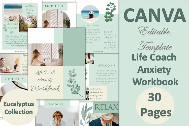 Canva Editable Anxiety Workbook. 30 pages. Life Coaching