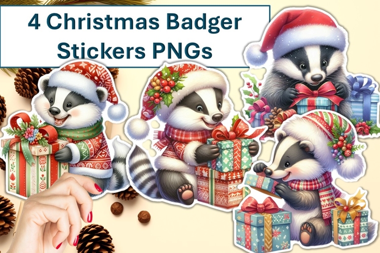 4 Cute Christmas Badgers with presents Stickers PNG