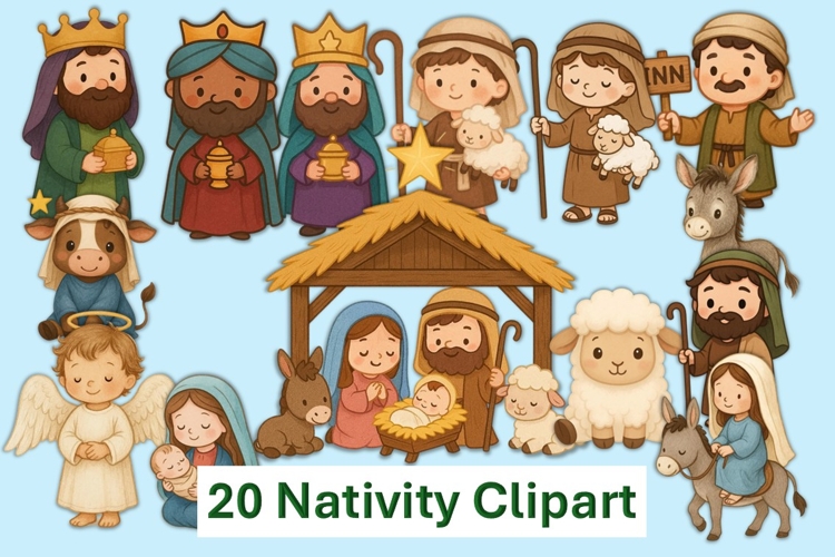 20 Christmas Nativity Characters clipart PNGs