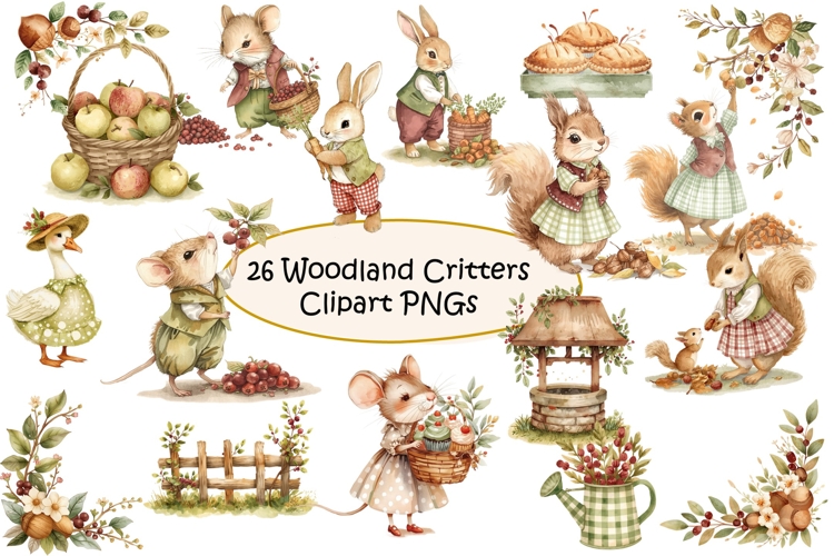 26 Cute Woodland Critters Clipart kit PNGs
