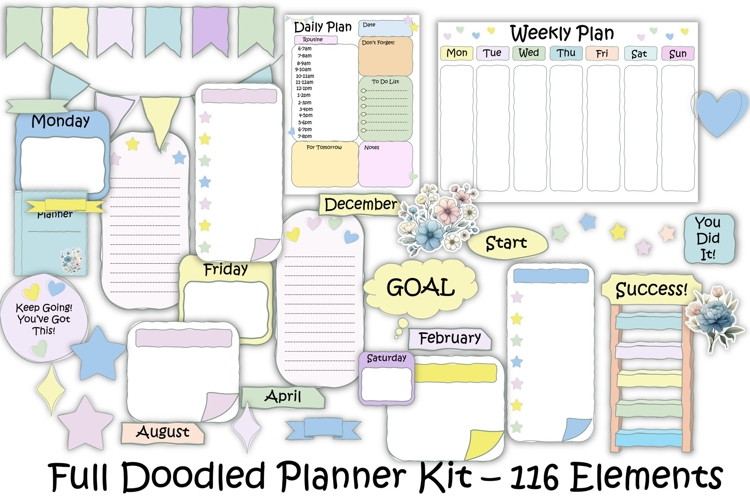 Full Doodled Planner Kit 116 Items, PNGs