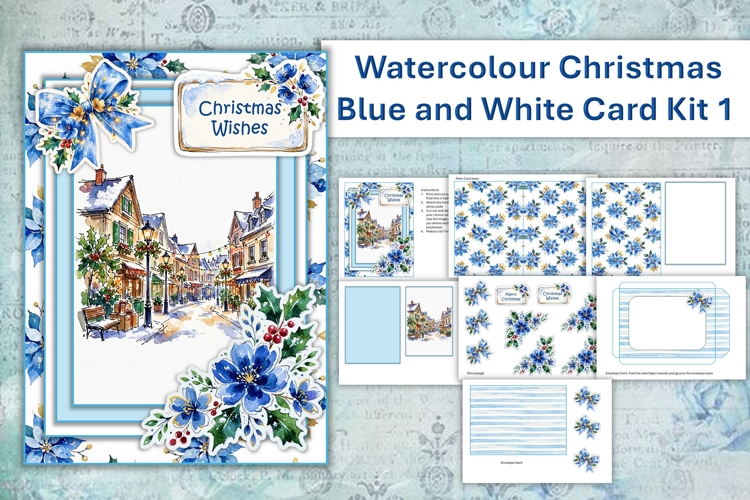 Watercolour Christmas Blue Village Card Making Kit