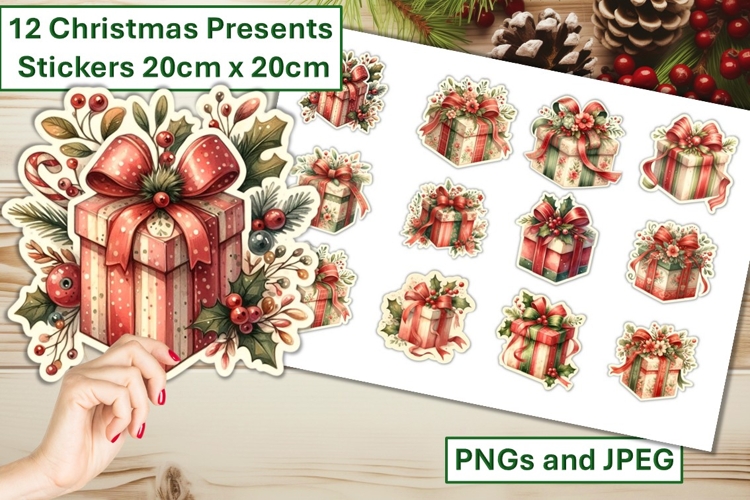 12 Christmas Presents Stickers JPEG and PNGs New Pack