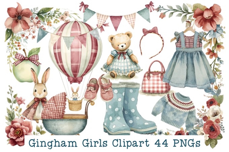 Gingham Girls Clipart set 44 PNG Cute Nursery Designs