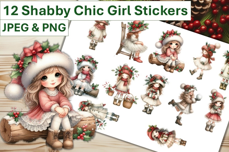 12 Christmas Shabby Chic Girl Stickers JPEG and PNGs