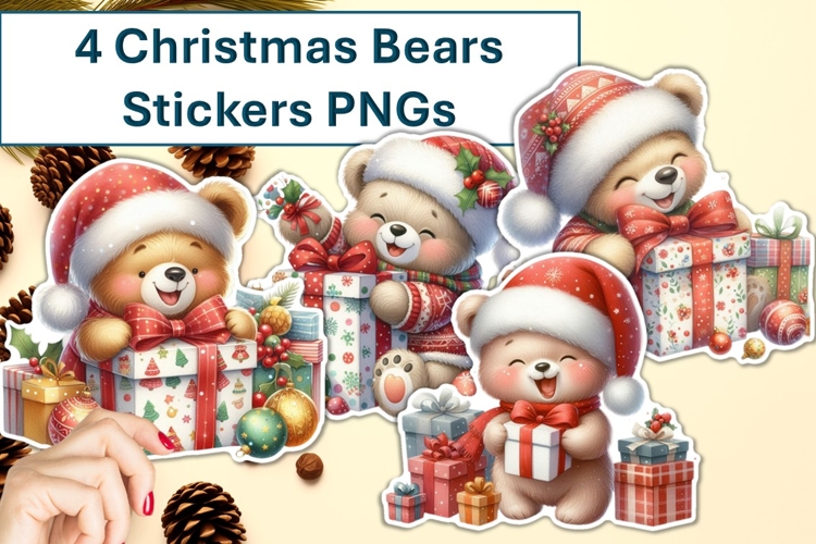 4 Cute Christmas Bears with presents Stickers PNG