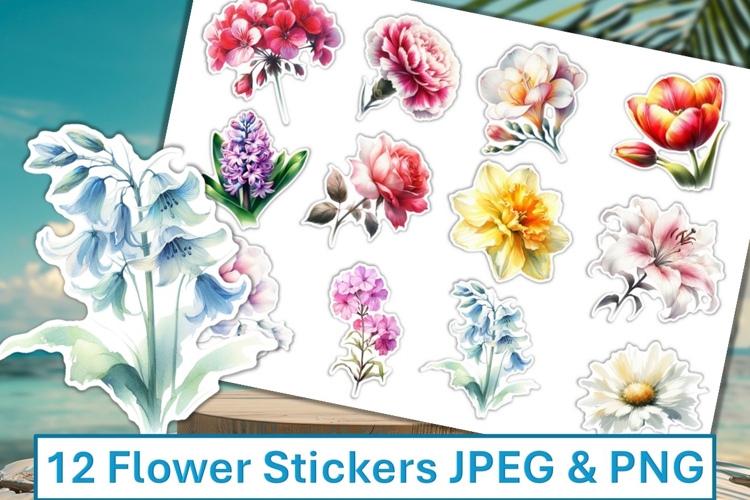 12 Flower Stickers JPEG & PNG