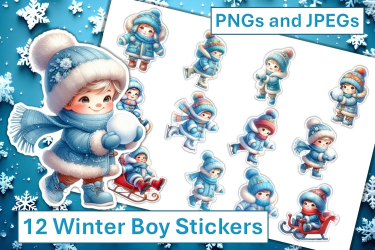 12 Winter Cute Boy Stickers JPEG & PNG