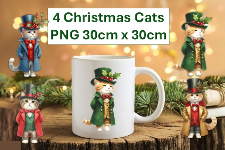4 Cute Christmas Cats Sublimations 30cm x 30cm PNG
