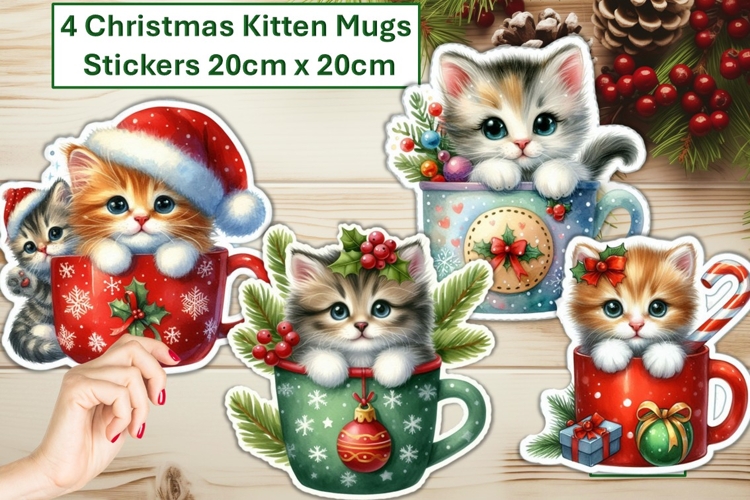 4 Cute Christmas Kitten Mugs Stickers PNG