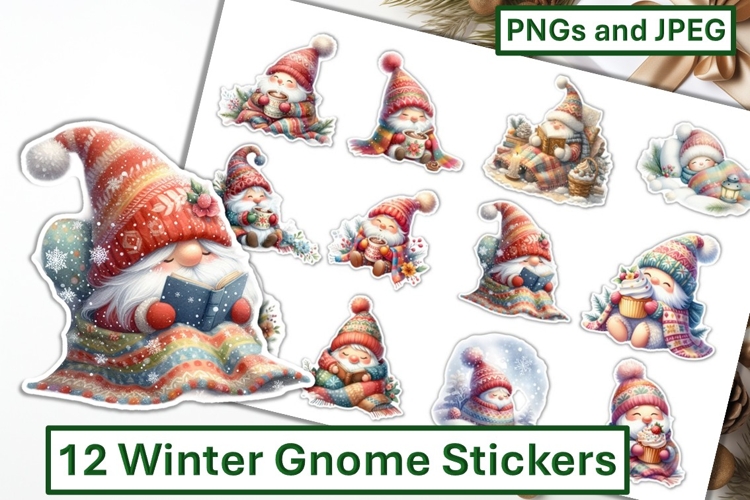 12 Winter Gnomes Stickers JPEG & PNG