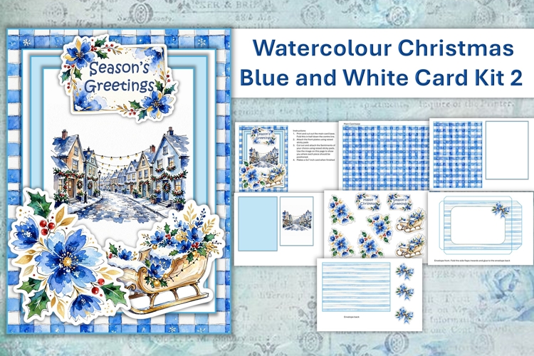 Watercolour Christmas Blue Village Card Making Kit 2