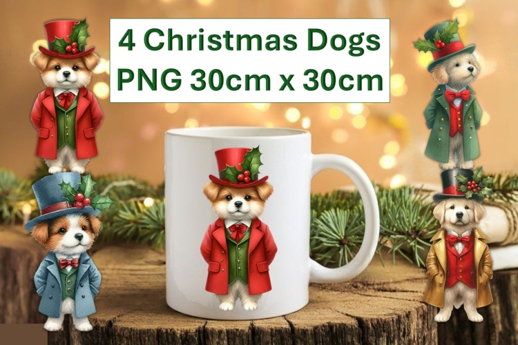 4 Cute Christmas Dogs Sublimations 30cm x 30cm PNG