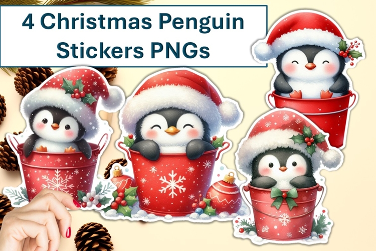 4 Cute Christmas Penguin Buckets Stickers PNG