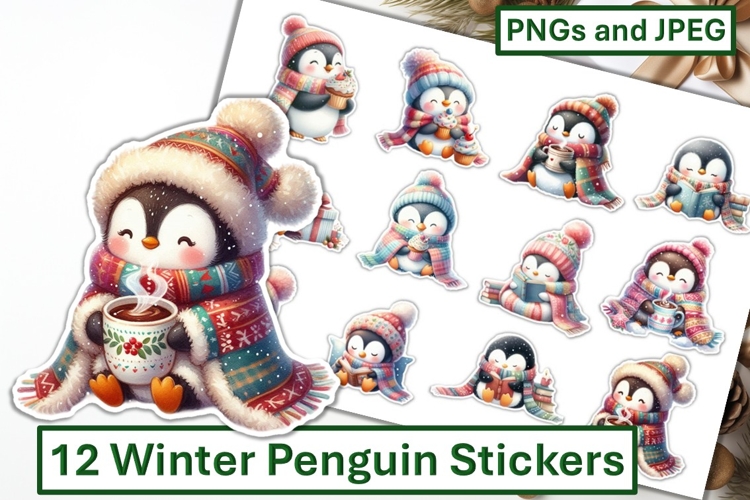 12 Winter Penguin Stickers JPEG & PNG