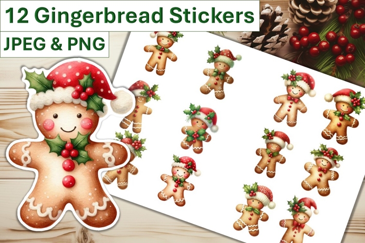 12 Christmas Gingerbread Stickers JPEG and PNGs