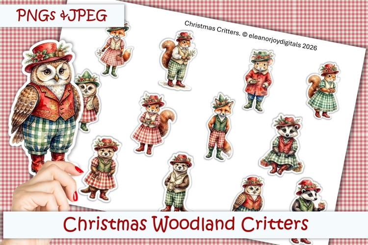 12 Christmas Woodland Critters Stickers JPEG and PN