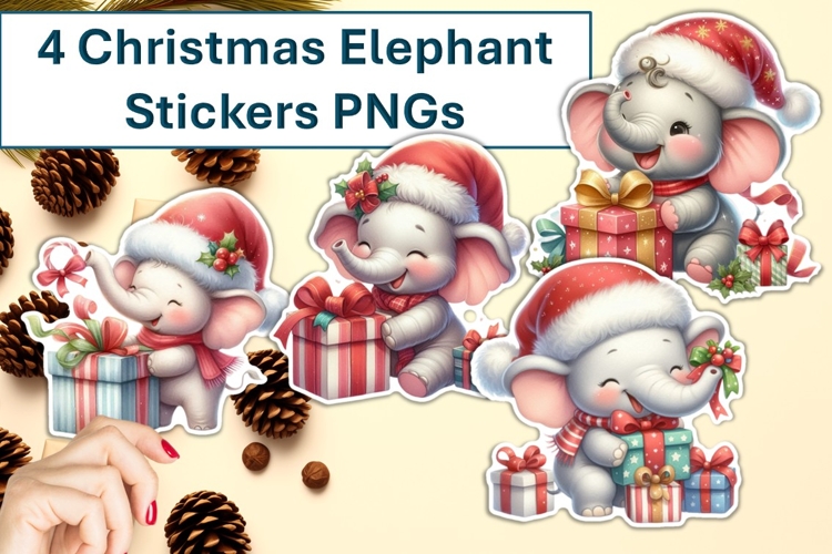 4 Cute Christmas Elephants with presents Stickers PNG