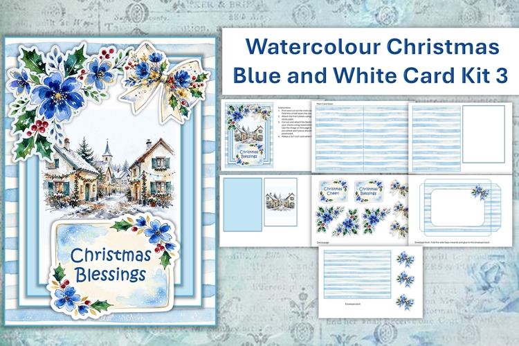 Watercolour Christmas Blue Village Card Making Kit 3