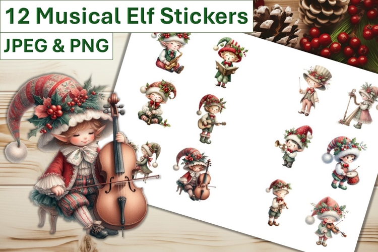 12 Christmas Musical Elf Stickers JPEG and PNGs