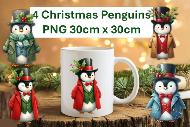 4 Cute Christmas Penguins Sublimations 30cm x 30cm PNG
