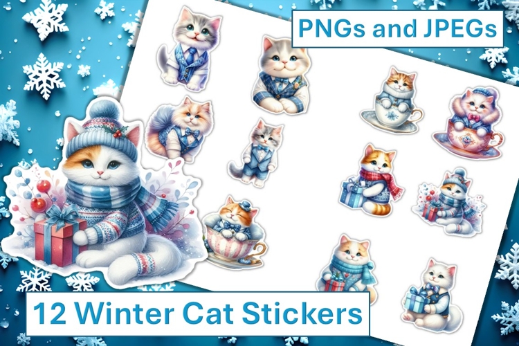 12 Winter Cute Cat Stickers JPEG & PNG