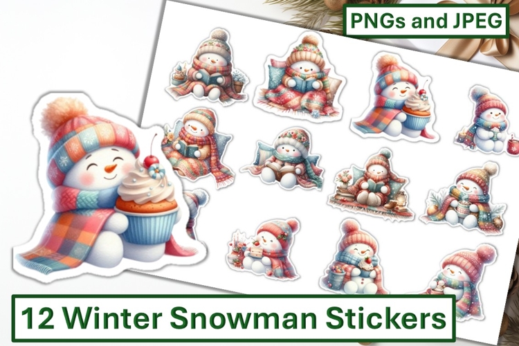 12 Winter Snowman Stickers JPEG & PNG