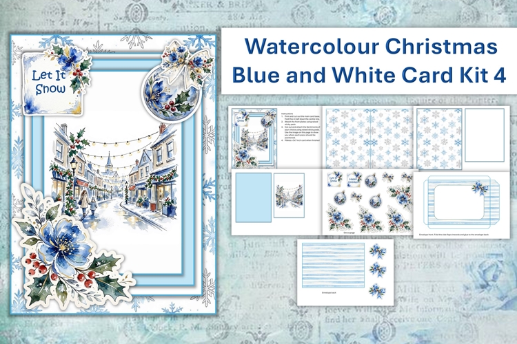 Watercolour Christmas Blue Village Card Making Kit 4