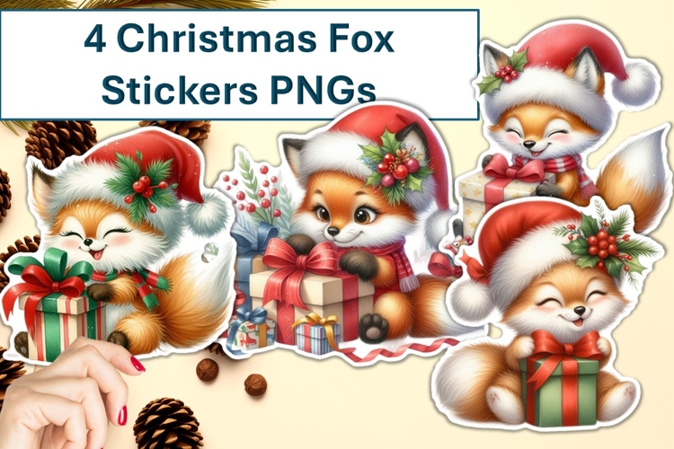 4 Cute Christmas Fox with presents Stickers PNG