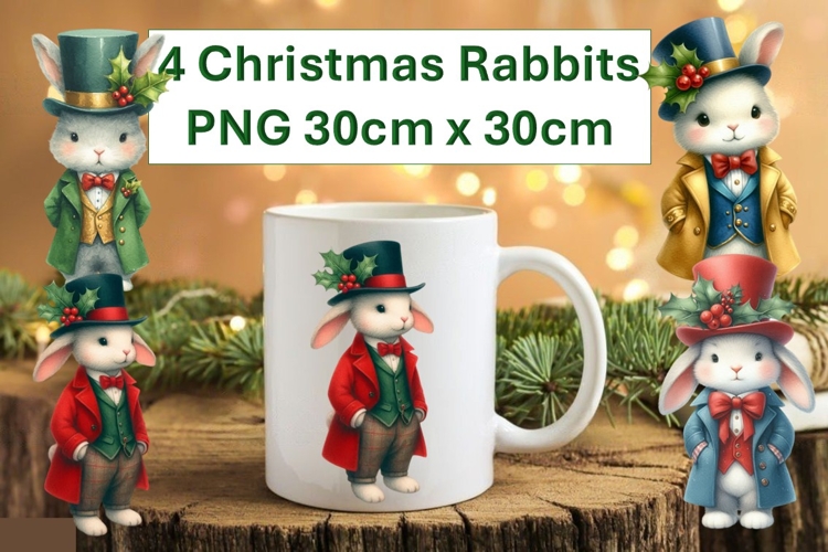 4 Cute Christmas Rabbits Sublimations 30cm x 30cm PNG