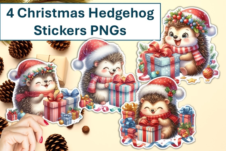 4 Cute Christmas Hedgehogs with presents Stickers PNG