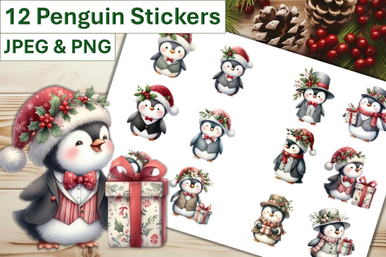 12 Christmas Shabby Chic Penguin Stickers JPEG and PNGs
