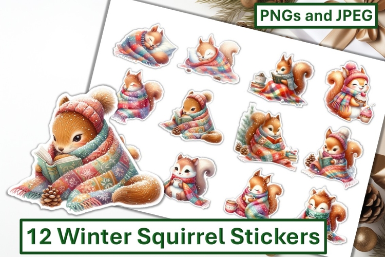 12 Winter Squirrel Stickers JPEG & PNG