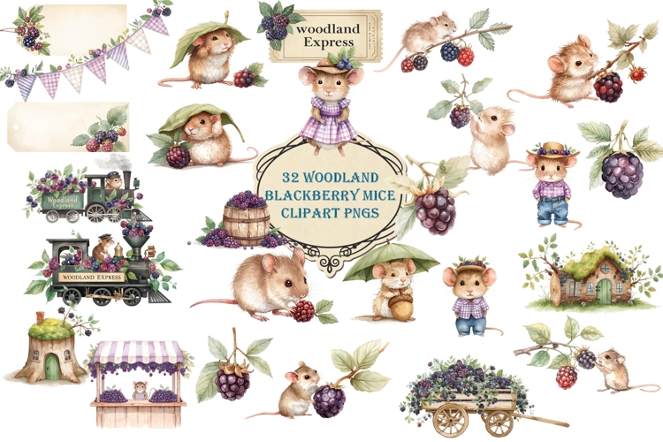 Cute Woodland Blackberry Mice Clipart PNG and JPEG