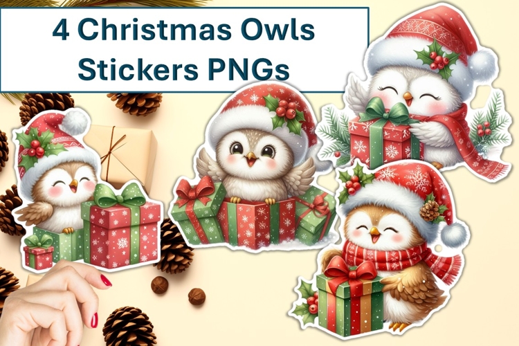 4 Cute Christmas Owls with presents Stickers PNG