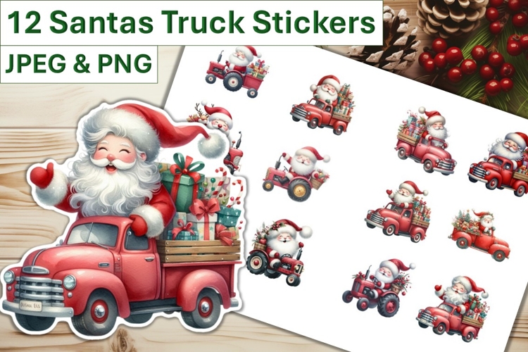 12 Christmas Santas Truck Stickers JPEG and PNGs