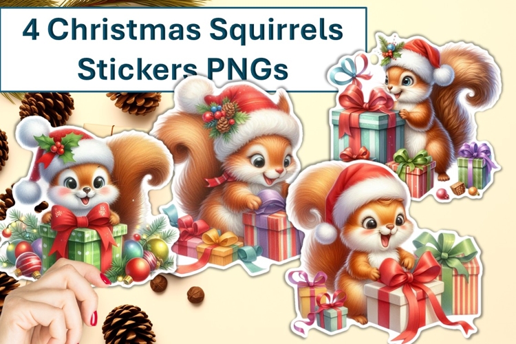4 Cute Christmas Squirrels with presents Stickers PNG