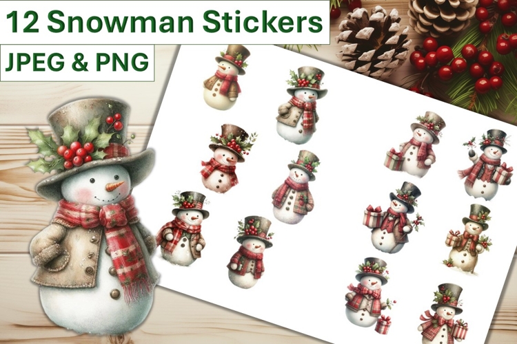 12 Christmas Shabby Chic Snowman Stickers JPEG and PNGs