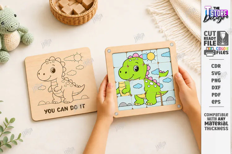 Wooden Sliding Puzzle Laser Cut | Montessori | Dinosaur SVG
