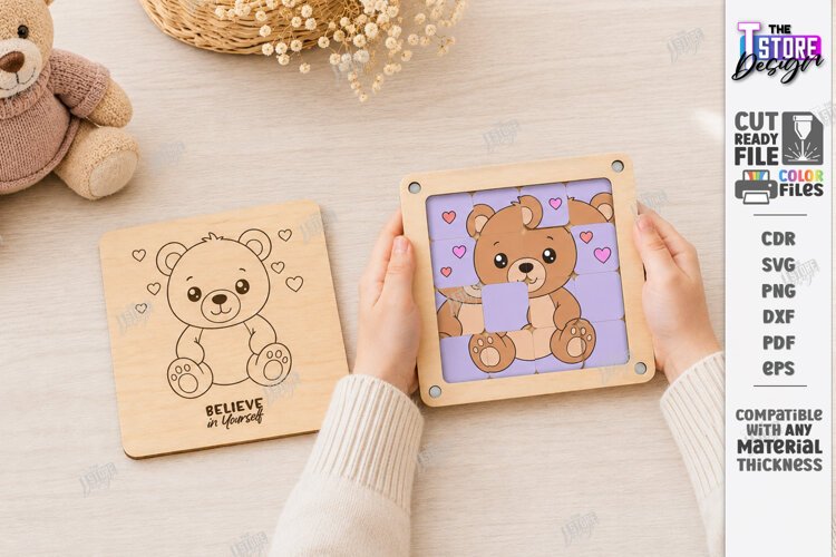 Sliding Puzzle Laser Cut | Montessori | Bear and Hearts SVG example image 1