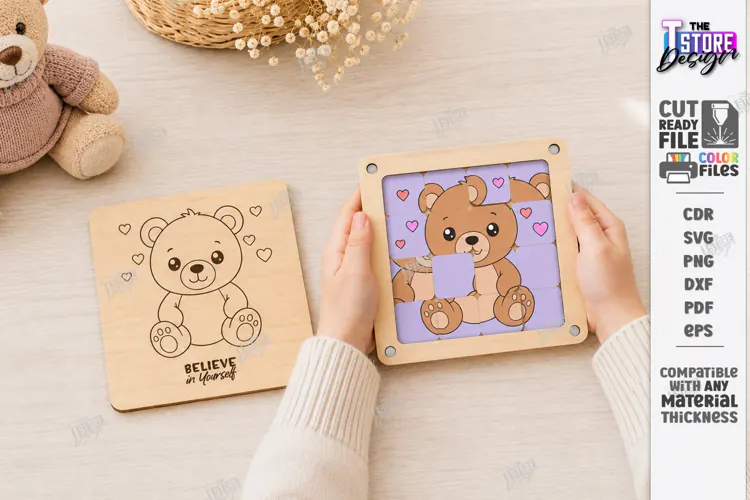 Sliding Puzzle Laser Cut | Montessori | Bear and Hearts SVG