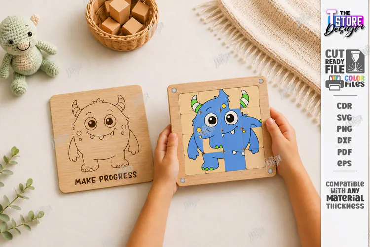 Wooden Sliding Puzzle Laser Cut | Montessori | Cute Monster