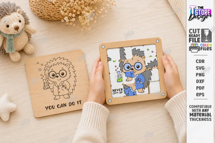 Wooden Sliding Puzzle Laser Cut | Montessori | Hedgehog SVG