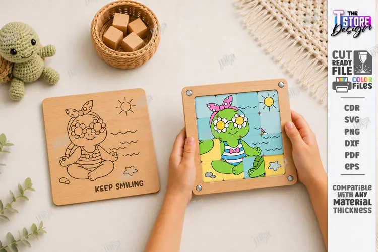 Wooden Sliding Puzzle Laser Cut | Montessori | Turtle SVG