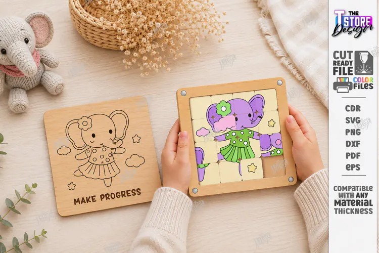 Wooden Sliding Puzzle Laser Cut | Montessori | Elephant SVG