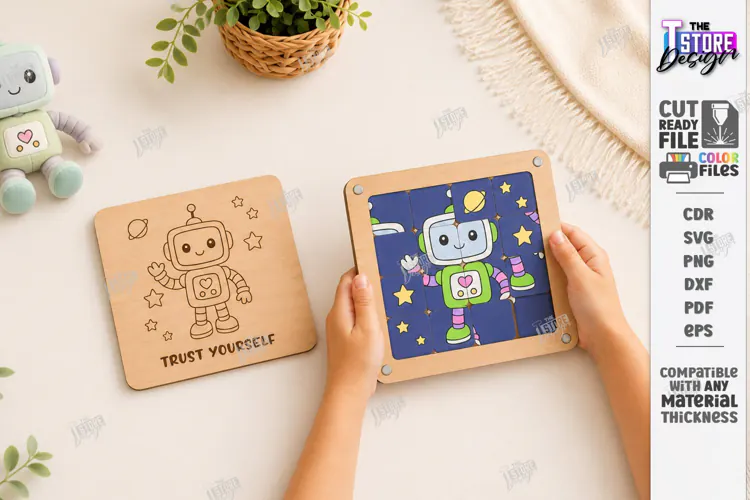 Wooden Sliding Puzzle Laser Cut | Montessori | Robot SVG