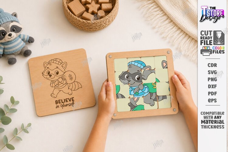 Wooden Sliding Puzzle Laser Cut | Montessori | Raccoon SVG example image 1