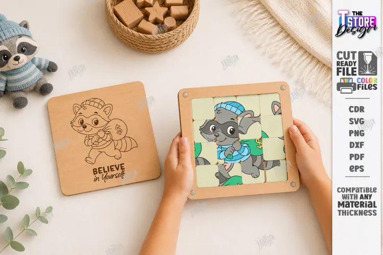 Wooden Sliding Puzzle Laser Cut | Montessori | Raccoon SVG