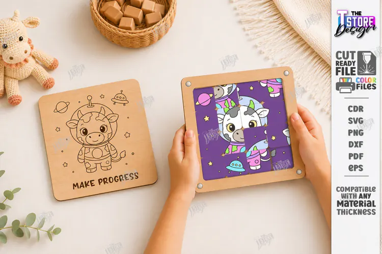 Wooden Sliding Puzzle Laser Cut | Montessori | Cow Space SVG