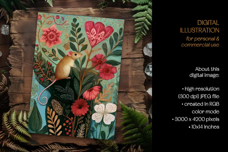 Art Nouveau Botanical Mouse Card Illustration